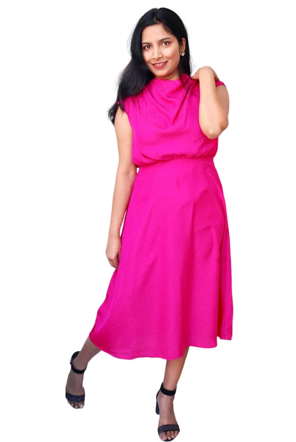 Fuchsia_Pink_Polka_Dot_Design_Cowl_Neck_Midi_Dress_For_Women
