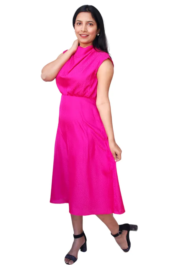 Fuchsia_Pink_Polka_Dot_Design_Cowl_Neck_Midi_Dress_For_Women