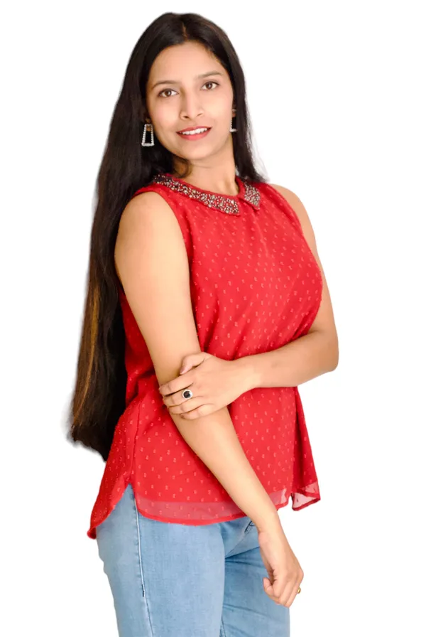 Maroon_Dobi_Georgette_Fabric_Collared_Embellished_Top_For_Women