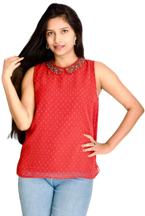 Maroon_Dobi_Georgette_Fabric_Collared_Embellished_Top_For_Women
