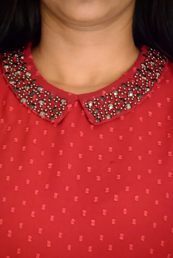 Maroon_Dobi_Georgette_Fabric_Collared_Embellished_Top_For_Women