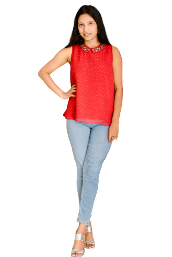Maroon_Dobi_Georgette_Fabric_Collared_Embellished_Top_For_Women