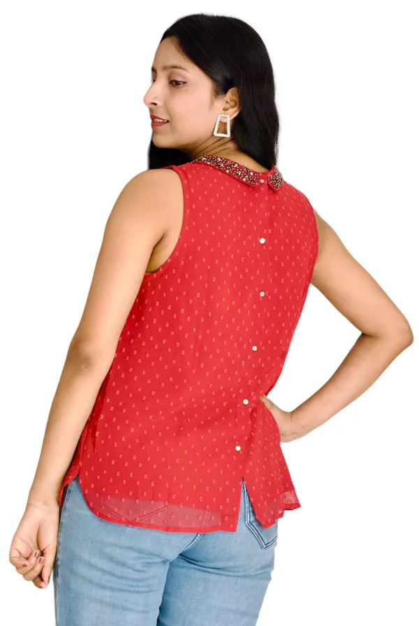 Maroon_Dobi_Georgette_Fabric_Collared_Embellished_Top_For_Women