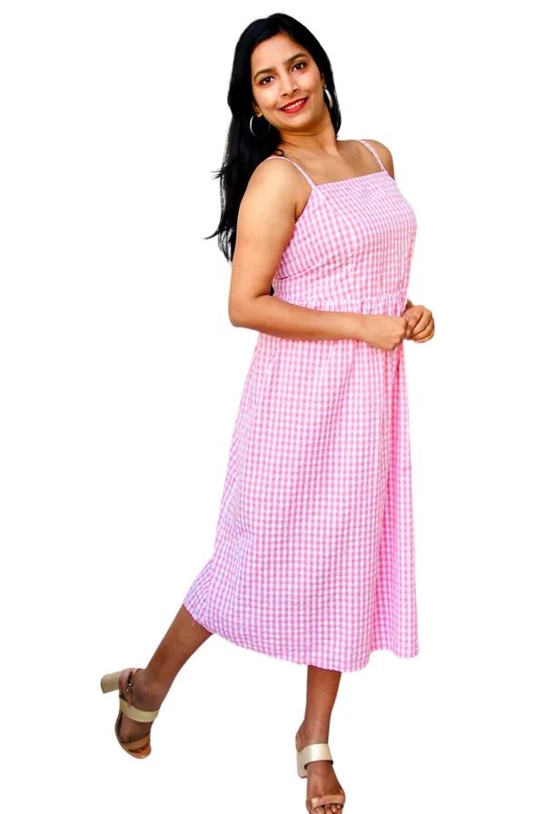 Pink_Gingham_Check_Cami_Dress_For_Women
