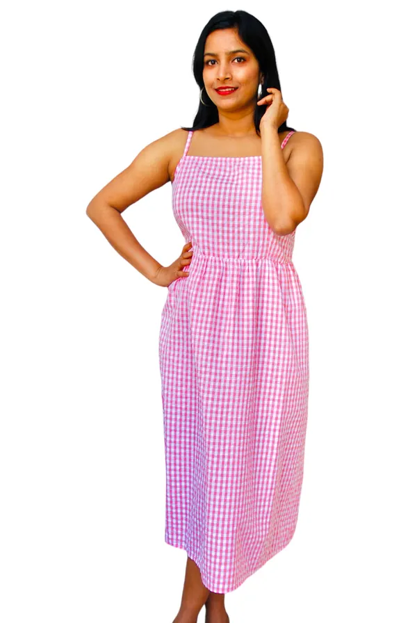 Pink_Gingham_Check_Cami_Dress_For_Women