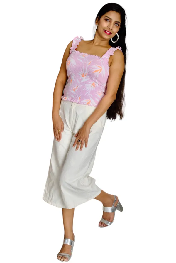 Pink_Smocked_Fabric_Fitted_Shoulder_Strap_Crop_Top_For_Women