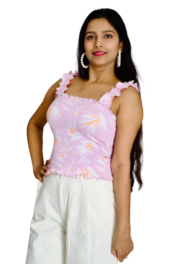 Pink_Smocked_Fabric_Fitted_Shoulder_Strap_Crop_Top_For_Women