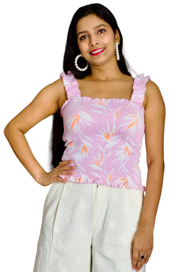 Pink_Smocked_Fabric_Fitted_Shoulder_Strap_Crop_Top_For_Women
