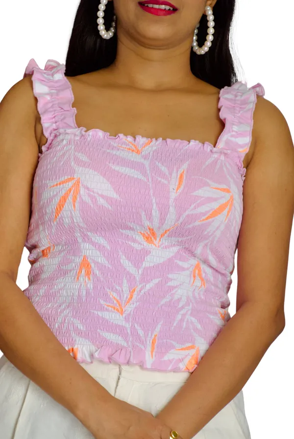 Pink_Smocked_Fabric_Fitted_Shoulder_Strap_Crop_Top_For_Women