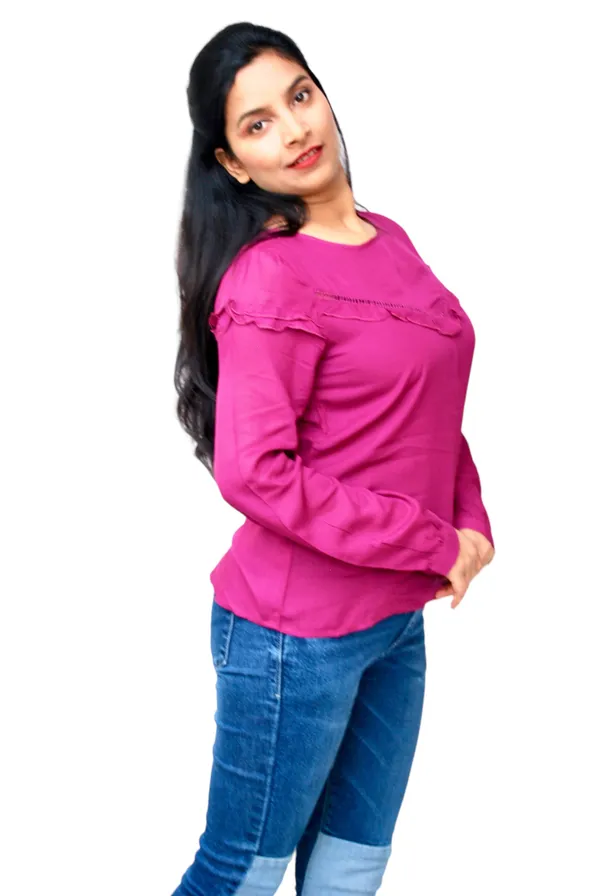 Purple_Yoke_Lace_Design_Ruffle_High_Low_Top_For_Women