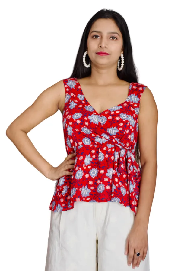 Red_Floral_Printed_Sleeveless_Wrap_Top_For_Women