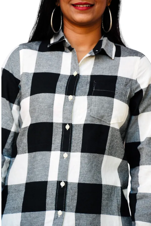 Regular_Fit_Checkered_Button_Down_Collar_Black_And_White_Casual_Shirt_For_Women
