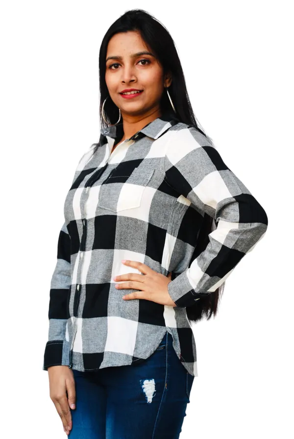 Regular_Fit_Checkered_Button_Down_Collar_Black_And_White_Casual_Shirt_For_Women