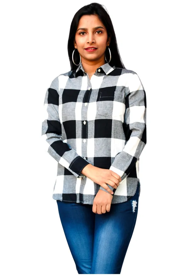 Regular_Fit_Checkered_Button_Down_Collar_Black_And_White_Casual_Shirt_For_Women