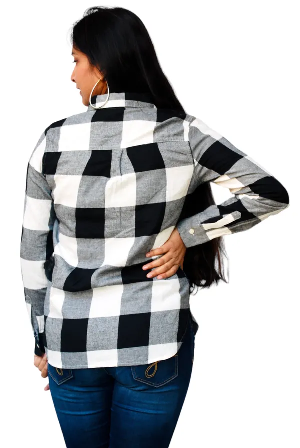 Regular_Fit_Checkered_Button_Down_Collar_Black_And_White_Casual_Shirt_For_Women