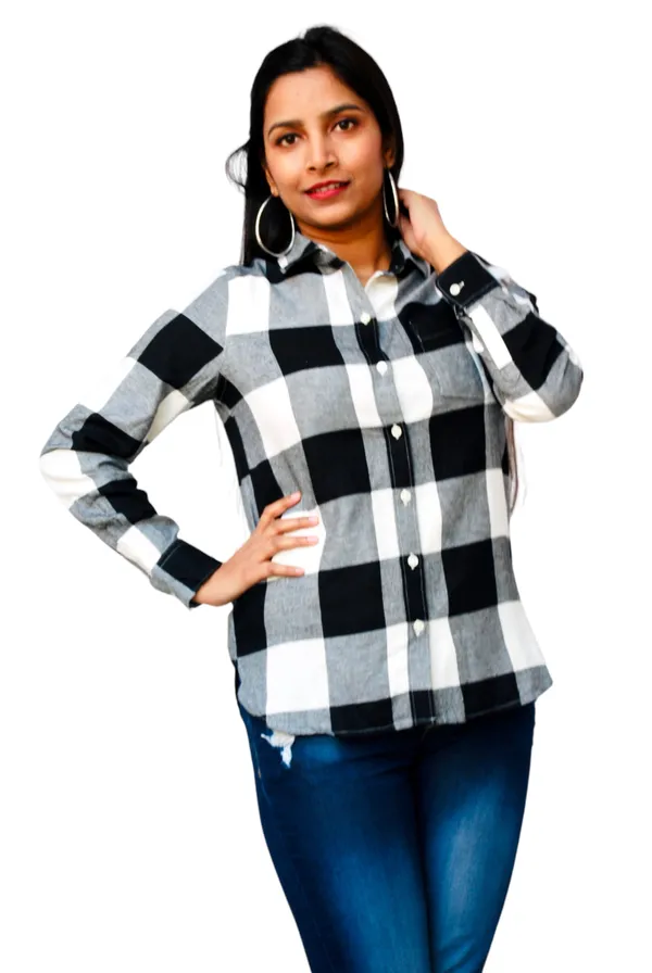 Regular_Fit_Checkered_Button_Down_Collar_Black_And_White_Casual_Shirt_For_Women
