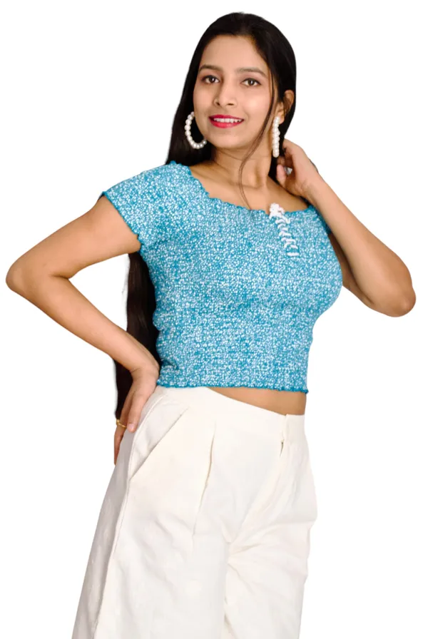 Sky_Blue_Smocked_Fabric_Fitted_Crop_Top_For_Women