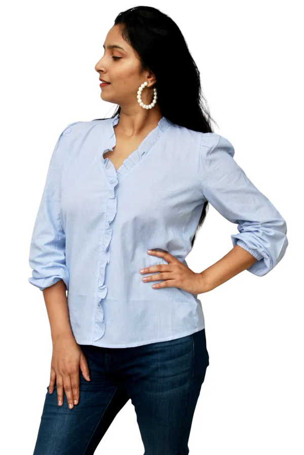 White_And_Blue_Thin_Stripe_Cotton_Shirt_For_Women