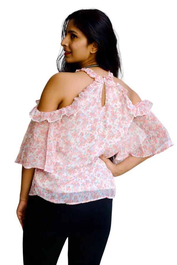 White_And_Pink_Floral_Printed_Cold_Shoulder_Top_For_Women