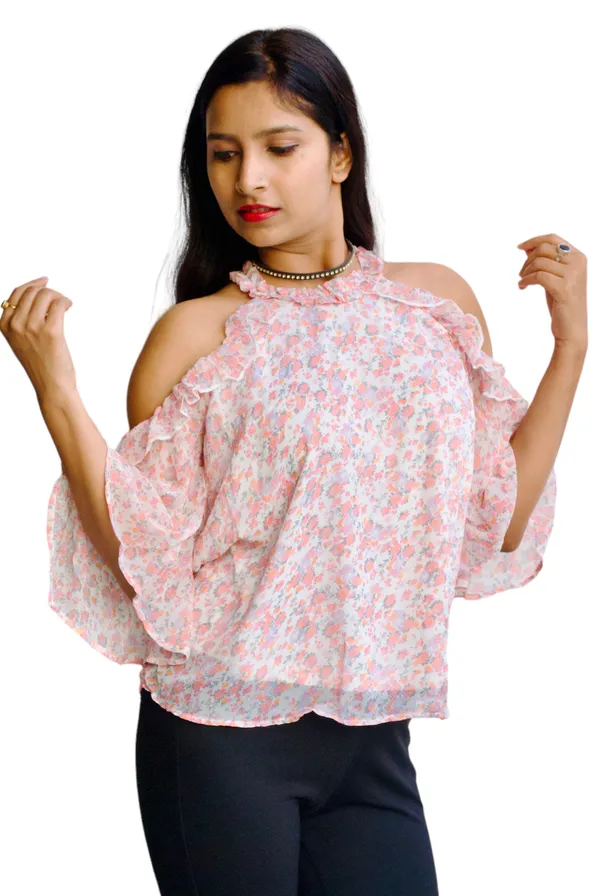 White_And_Pink_Floral_Printed_Cold_Shoulder_Top_For_Women