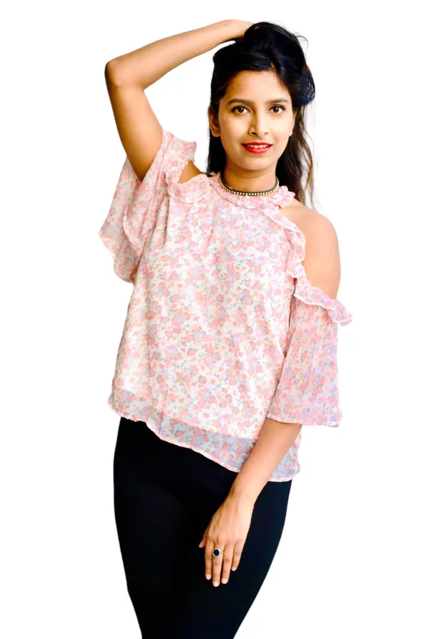 White_And_Pink_Floral_Printed_Cold_Shoulder_Top_For_Women