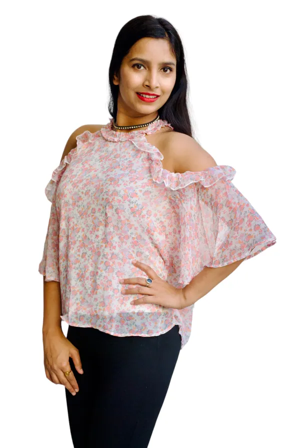 White_And_Pink_Floral_Printed_Cold_Shoulder_Top_For_Women