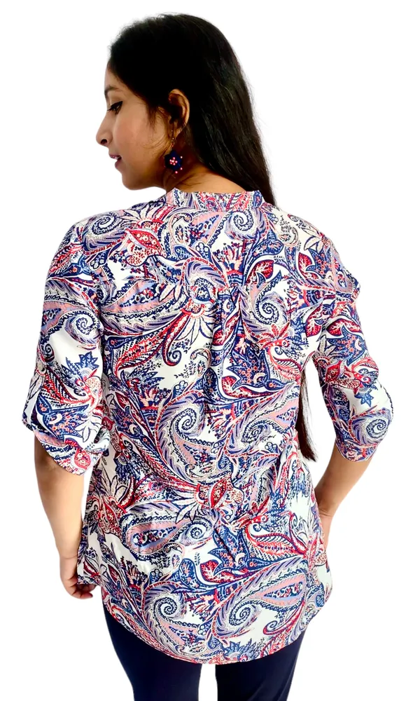 White_Paisley_Printed_Roll_Up_Sleeve_Tunic_For_Women