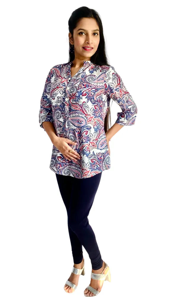 White_Paisley_Printed_Roll_Up_Sleeve_Tunic_For_Women