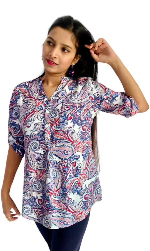 White_Paisley_Printed_Roll_Up_Sleeve_Tunic_For_Women
