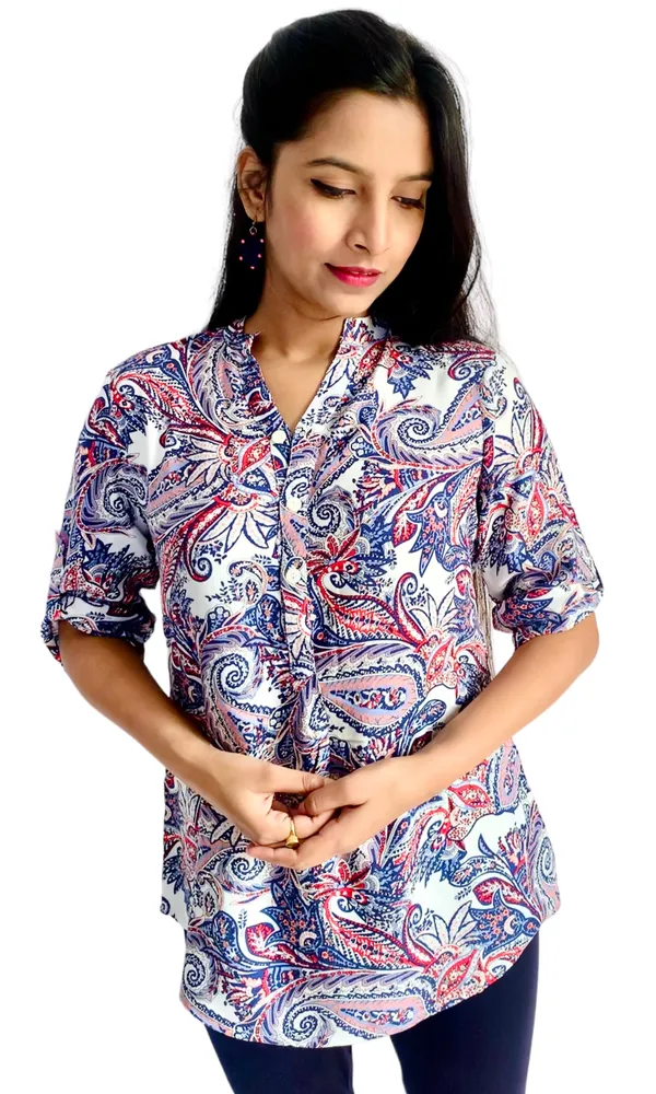White_Paisley_Printed_Roll_Up_Sleeve_Tunic_For_Women