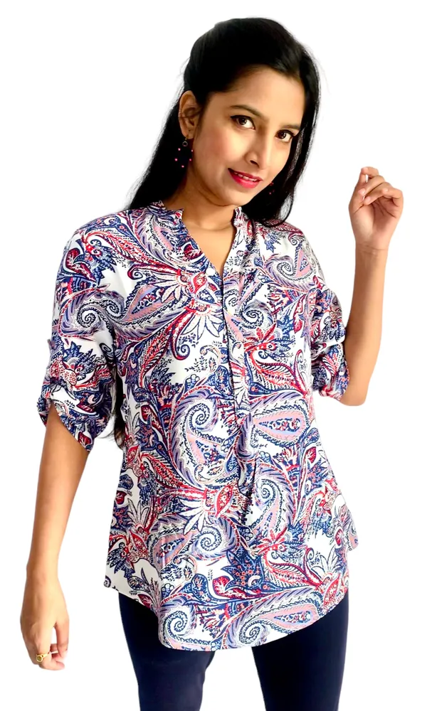 White_Paisley_Printed_Roll_Up_Sleeve_Tunic_For_Women