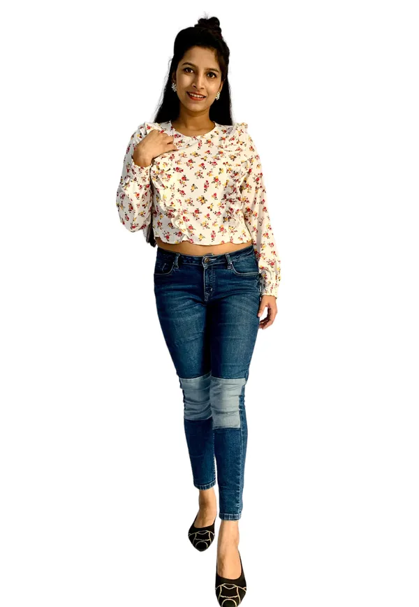 White_Printed_Ruffle_Style_Crop_Top_For_Women