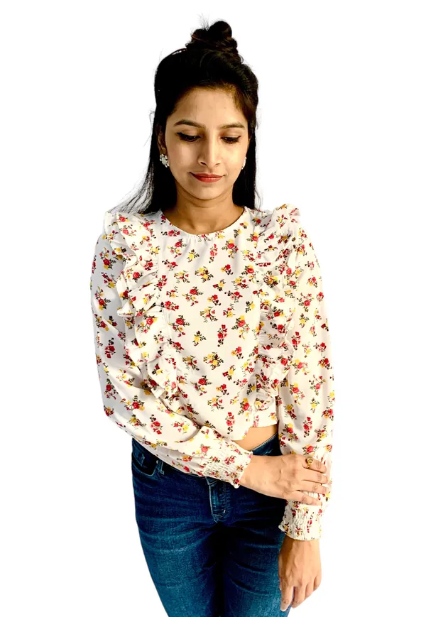 White_Printed_Ruffle_Style_Crop_Top_For_Women