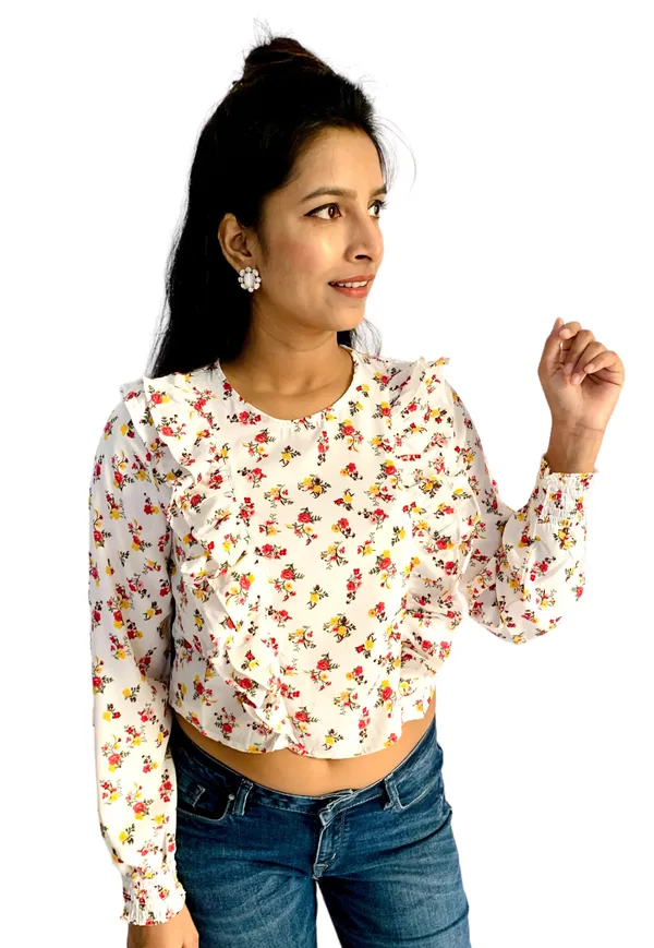 White_Printed_Ruffle_Style_Crop_Top_For_Women
