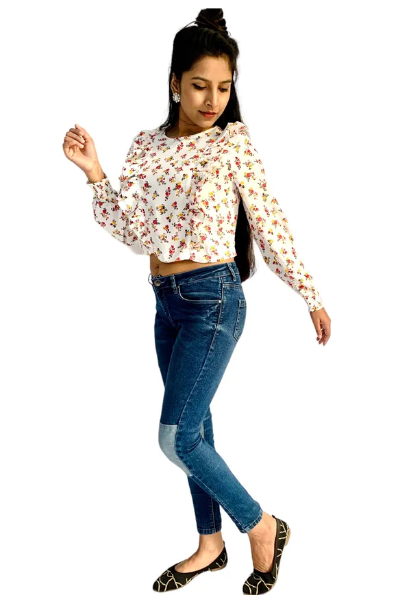 White_Printed_Ruffle_Style_Crop_Top_For_Women