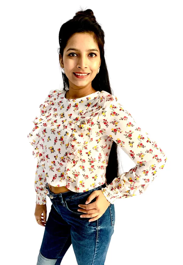White_Printed_Ruffle_Style_Crop_Top_For_Women
