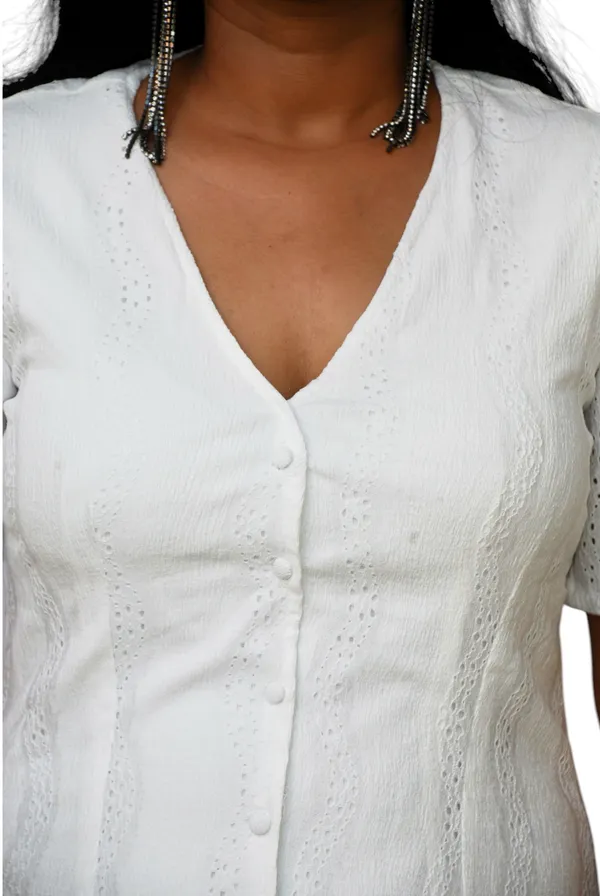 White_V_Neck_Designer_Fabric_Front_Open_Summer_Dress_For_Women
