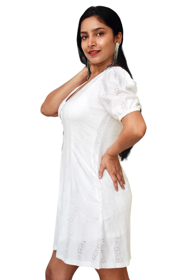 White_V_Neck_Designer_Fabric_Front_Open_Summer_Dress_For_Women