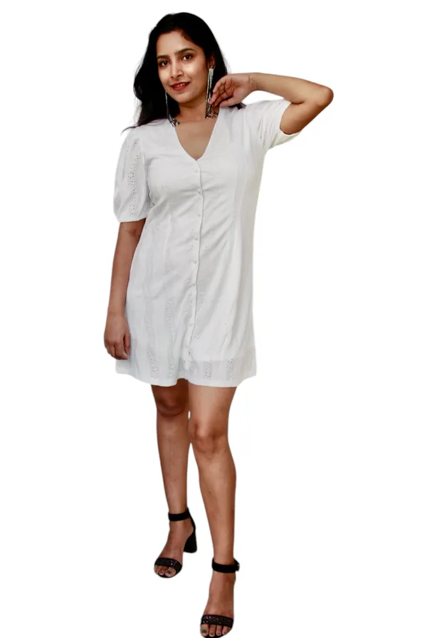White_V_Neck_Designer_Fabric_Front_Open_Summer_Dress_For_Women