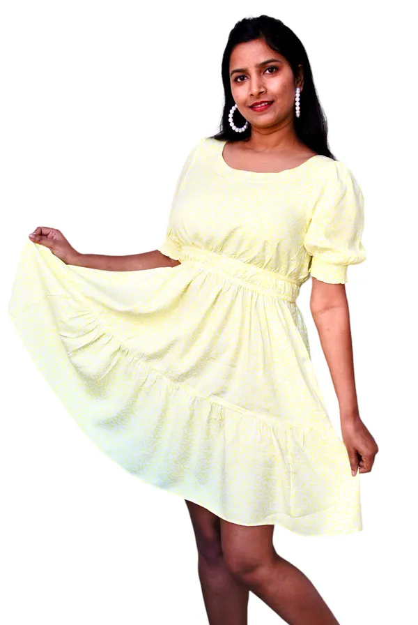 Yellow_Printed_Tiered_Short_Dress_For_Women