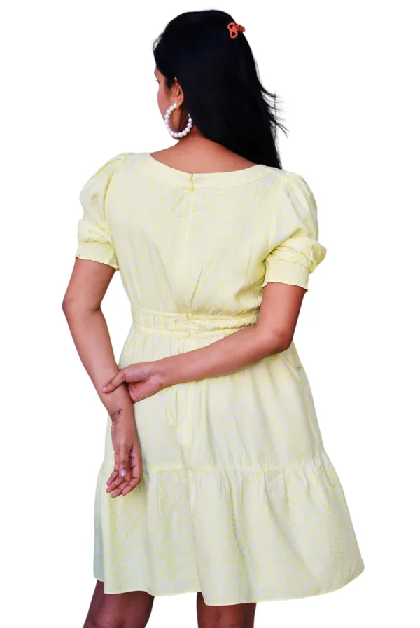 Yellow_Printed_Tiered_Short_Dress_For_Women