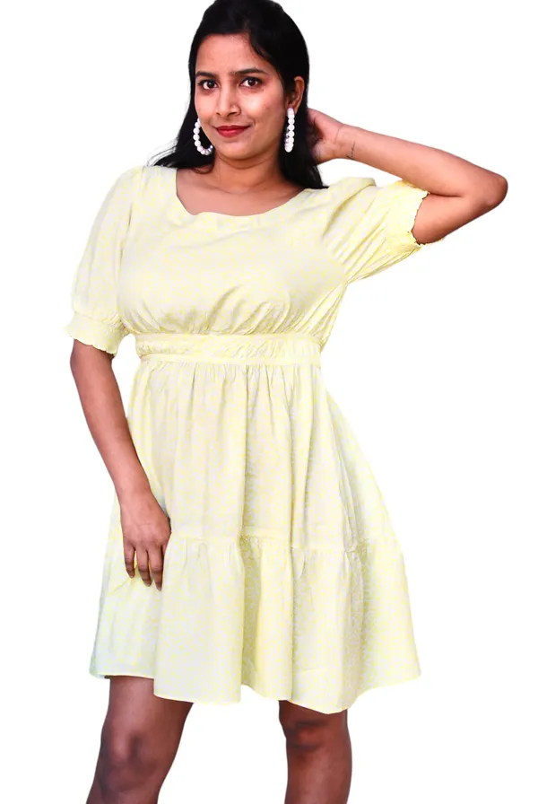 Yellow_Printed_Tiered_Short_Dress_For_Women