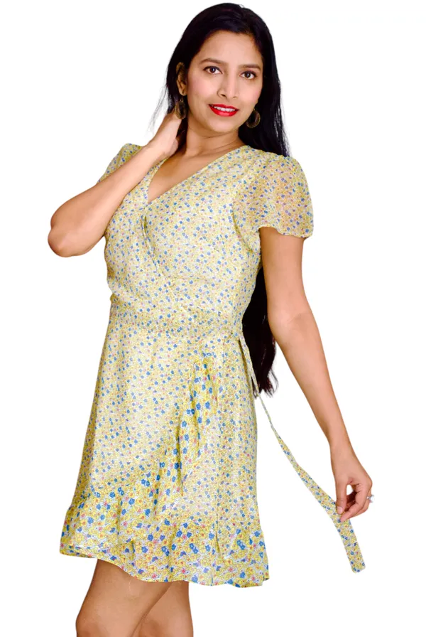 Yellow_Printed_V_Neck_Waist_Wrap_Dress_For_Women