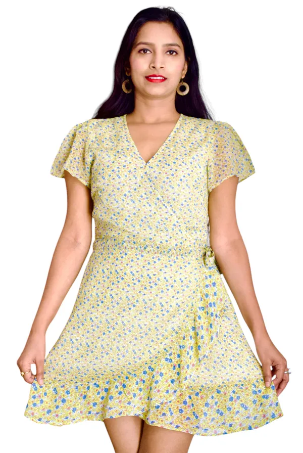 Yellow_Printed_V_Neck_Waist_Wrap_Dress_For_Women