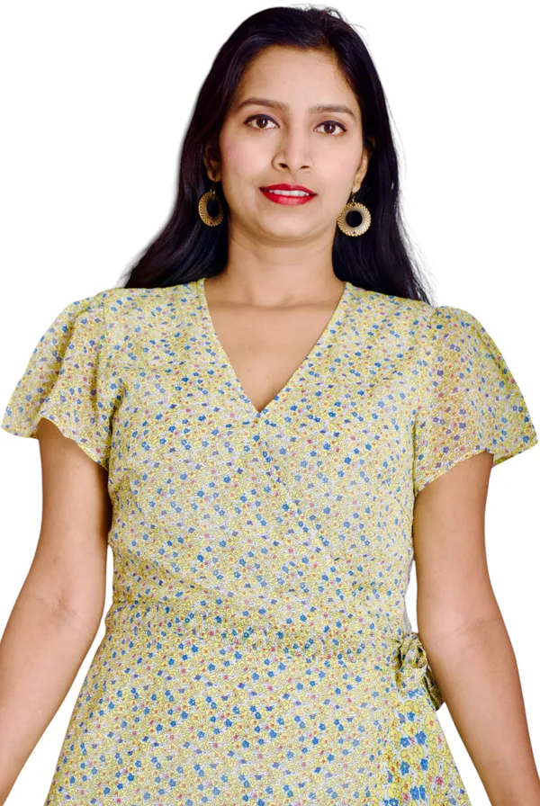 Yellow_Printed_V_Neck_Waist_Wrap_Dress_For_Women