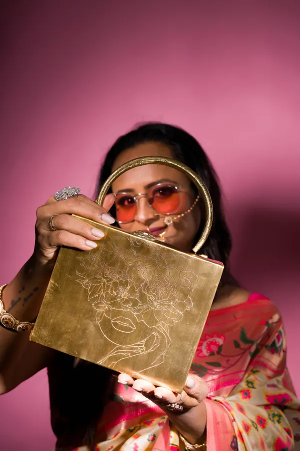Gold_Chic_Square_Brass_Bag_With_Floral_Lady_For_Women