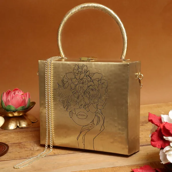 Gold_Chic_Square_Brass_Bag_With_Floral_Lady_For_Women