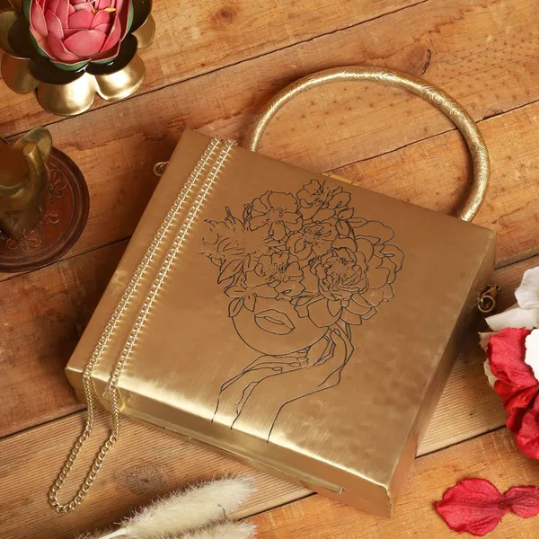 Gold_Chic_Square_Brass_Bag_With_Floral_Lady_For_Women