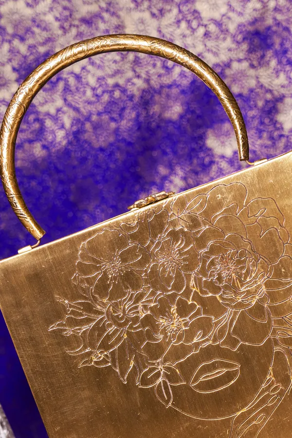 Gold_Chic_Square_Brass_Bag_With_Floral_Lady_For_Women