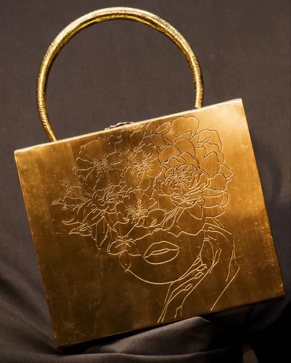 Gold_Chic_Square_Brass_Bag_With_Floral_Lady_For_Women